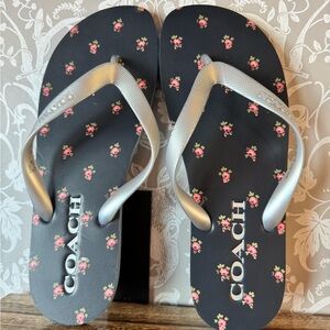 Coach Flip Flop Sandals Women’s Size 11b NWOT Blue, Silver w/ Pink Flowers